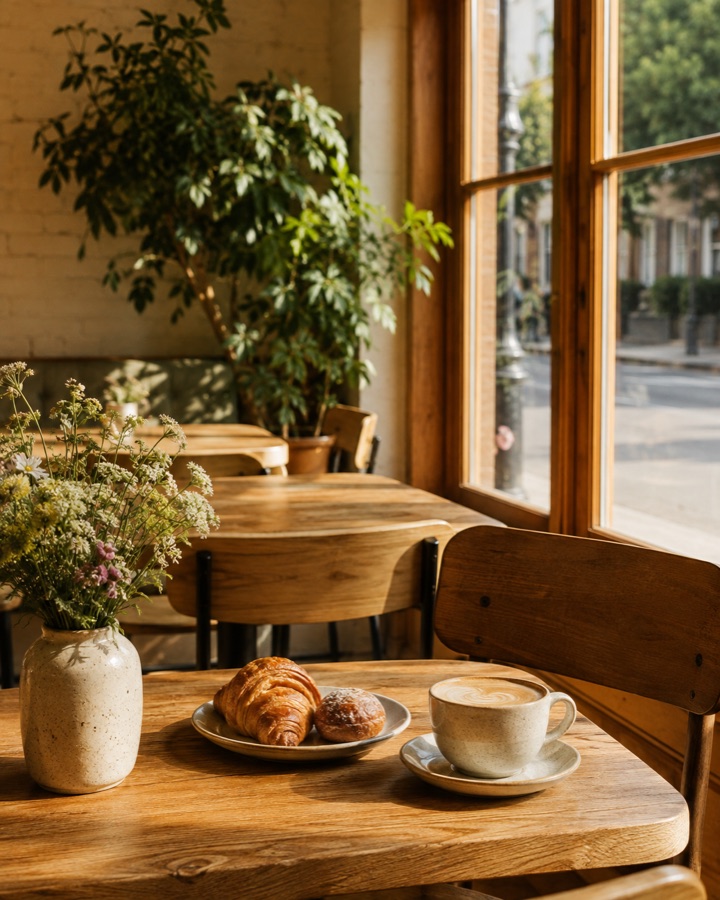 Illustrative cafe Instagram post showing coffee, pastries and flowers