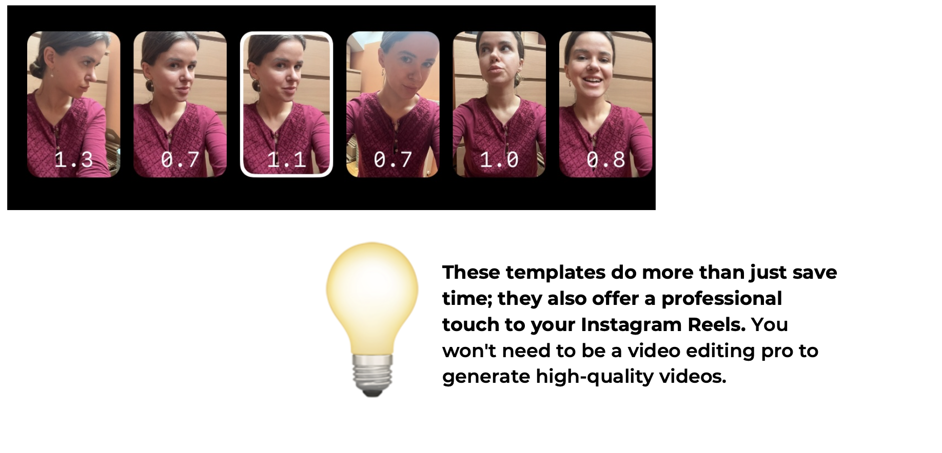 screenshot with instagram reels templates and example of how to use them in practice