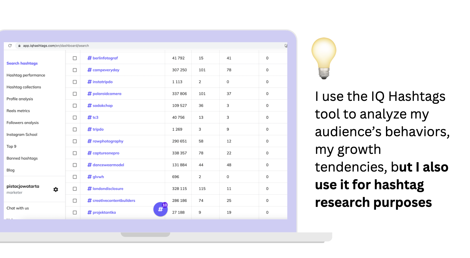 screenshot of iq hashtags tool hashtag research with art hashtags - how to fix Instagram Algorithm 2023