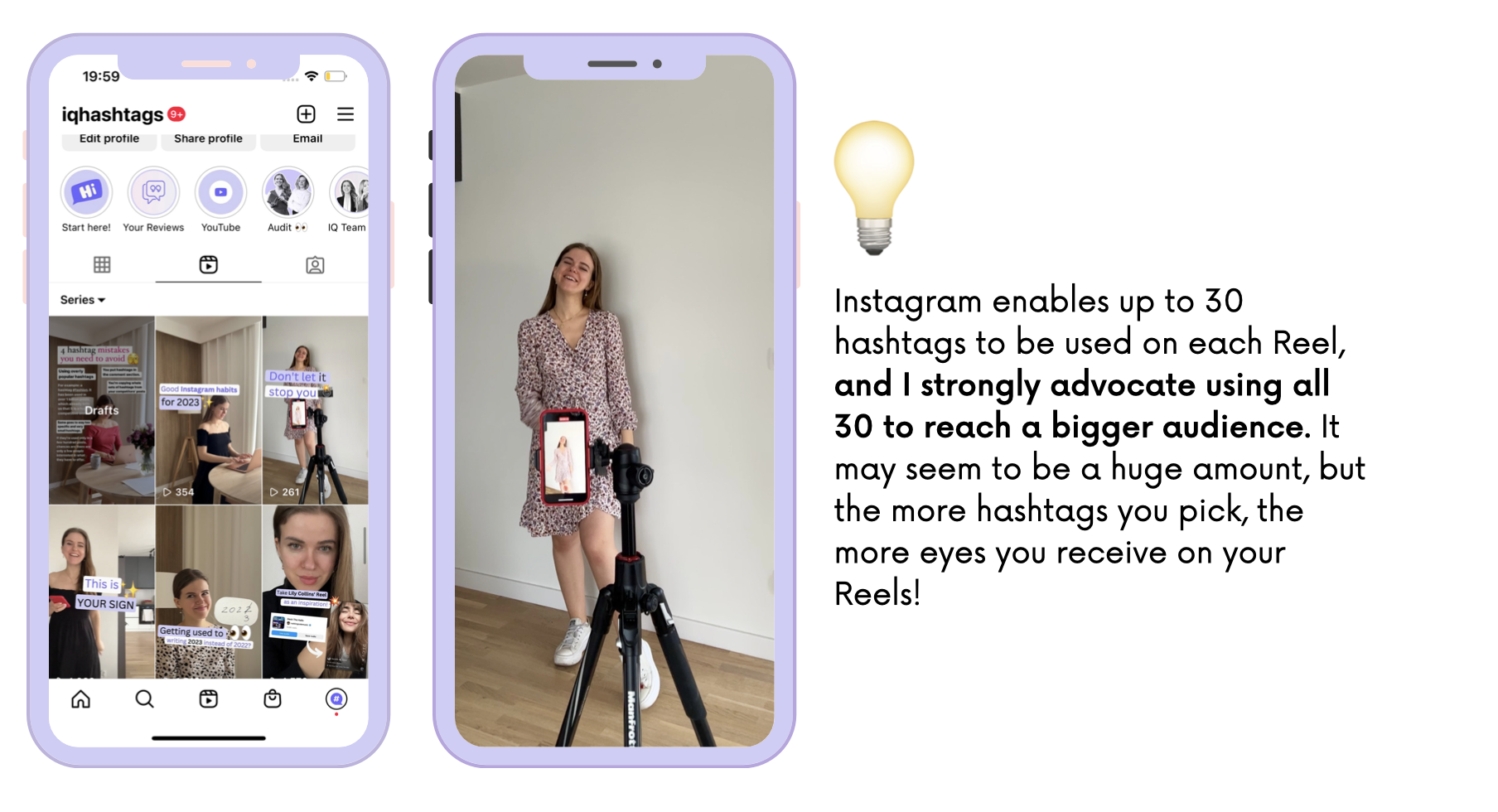 infographic with tips on how many hashtags should be used on instagram reels 