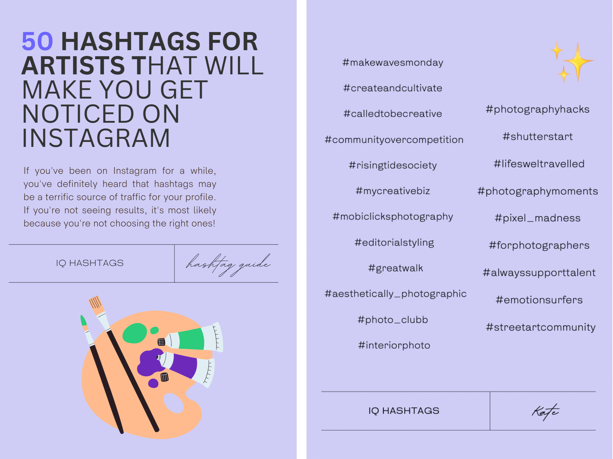 Hashtags for Artists, graphic design with 50 hashtags to use for instagram artists on purple background