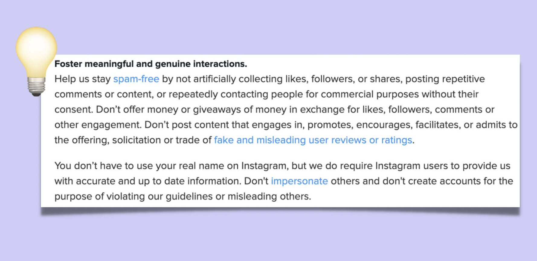 screenshot from instagram terms of use explaining why it's against the rules to buy followers and have fake instagram followers