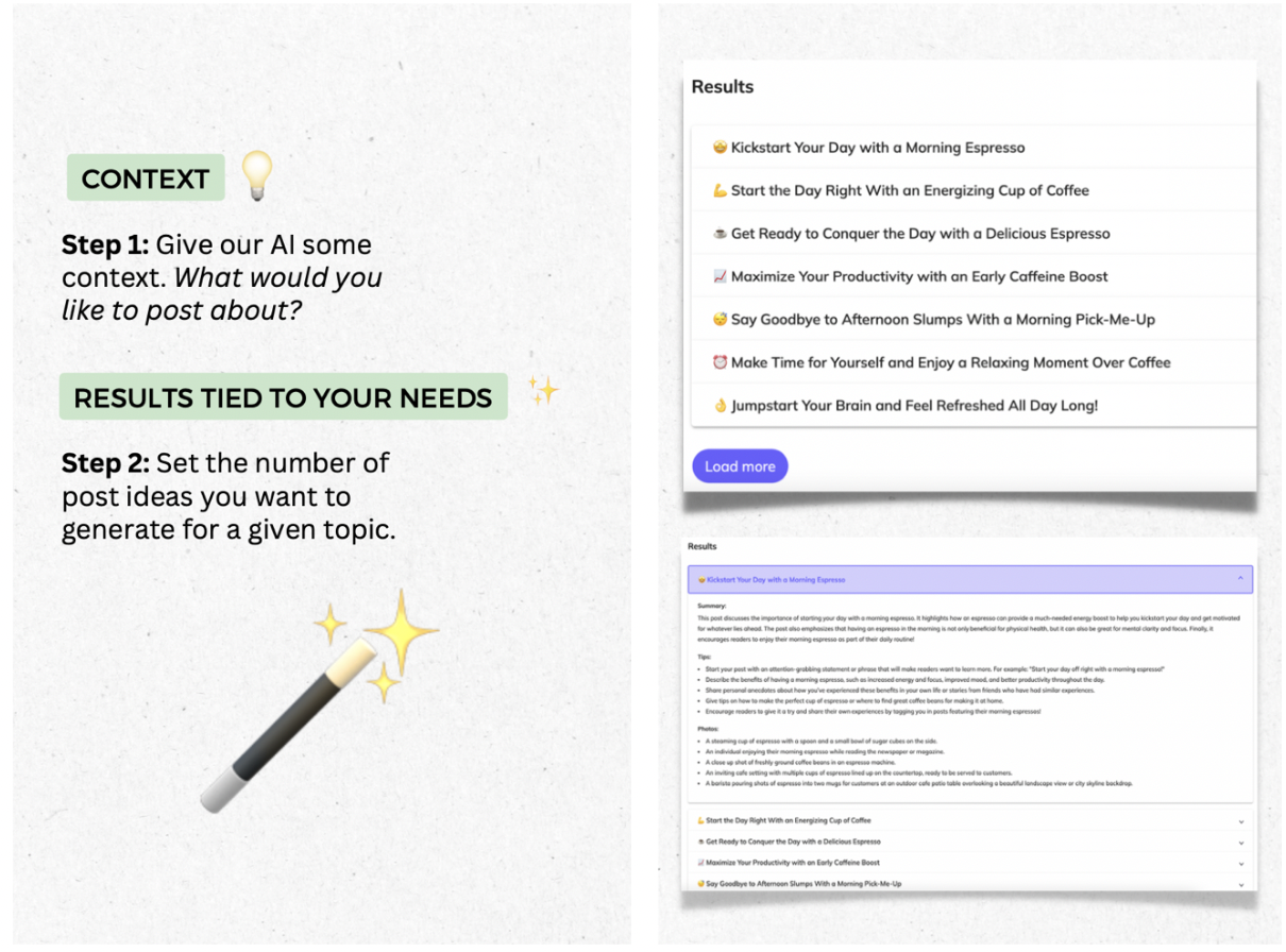 screenshot explaining how to use ai powered instagram content generator and idea generator for brainstorming